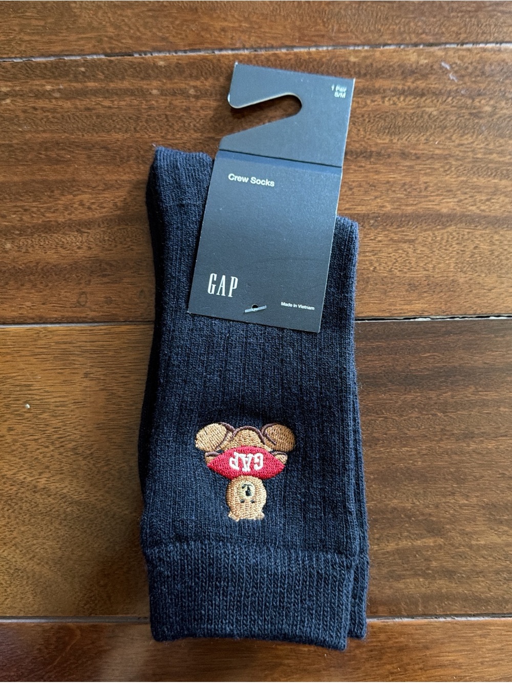 GAP Black Crew Socks with Embroidered Bear in Red Cap